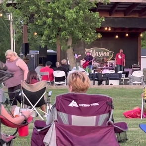 Outdoor event with a stage performance; relaxed audience enjoying live music under cozy string lights in a green setting.