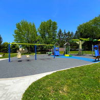Bright playground with colorful equipment, swings, and climbing frame surrounded by green trees, evoking joy and community.