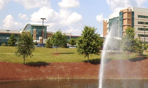 Modern building near a pond and fountain, surrounded by greenery; evokes tranquility and a sense of calm under a bright sky.