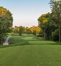 A serene golf course surrounded by greenery, with a winding fairway and soft lighting, evokes peace and connection to nature.