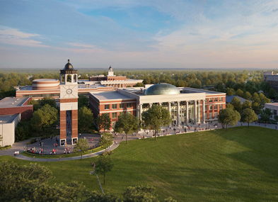 A collegiate campus with diverse architecture, green lawns, trees, and a clock tower, exuding an inviting and tranquil atmosphere.