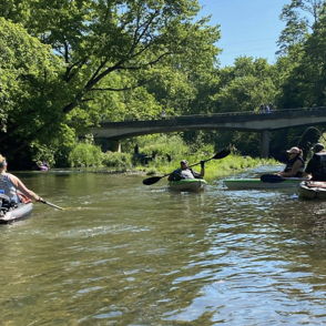 People kayaking on a calm river with lush greenery, sunlight filtering through trees, evoking tranquility and adventure.