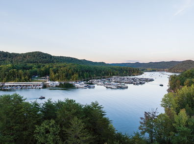Serene lakeside scene with lush greenery, boats on calm water, evoking peace and relaxation amidst nature's beauty.