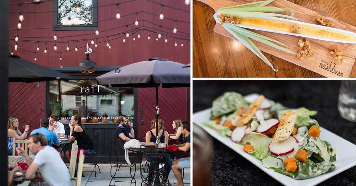 Outdoor dining scene with people, shaded umbrellas, string lights, and beautifully presented dishes, evoking joy and relaxation.