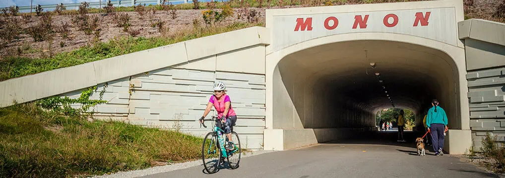 A cyclist in pink rides along a bike path to a "MONON" tunnel, while a dog walker in turquoise enjoys the vibrant scenery.