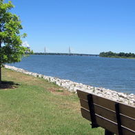 Serene riverside scene with a clear sky, grassy area, young tree, and inviting bench, evoking tranquility and calmness.
