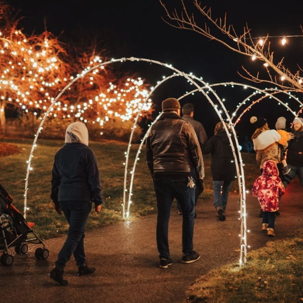 Nighttime festive scene with families strolling along a lit path, surrounded by glowing trees, evoking joy and warmth.