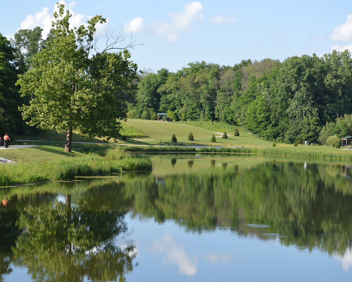 Serene lake scene with reflections, lush trees, blue skies, and people enjoying a peaceful, sunny park atmosphere.