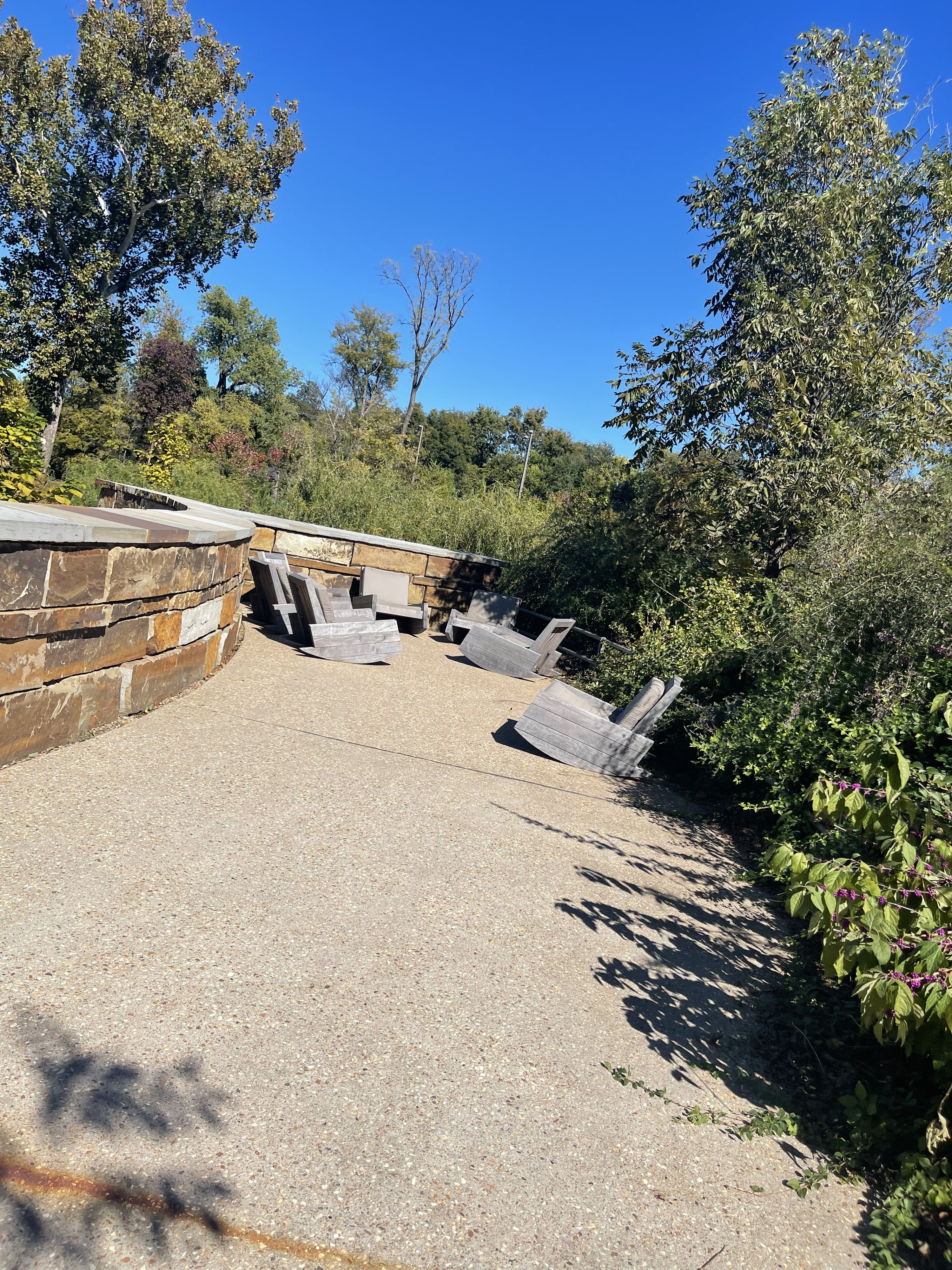 Serene outdoor path with benches, greenery, and a bright blue sky, evoking tranquility and inviting relaxation.