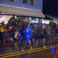 A festive, illuminated horse-drawn carriage on a wet street at night, evoking joy and community spirit.