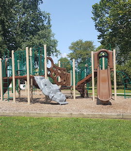 Playground with slides and climbing structures amidst green trees and blue sky, evoking joy and nostalgia for childhood fun.