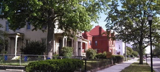 A serene residential street with varied houses, lush greenery, and a sunny atmosphere evokes feelings of warmth and community.