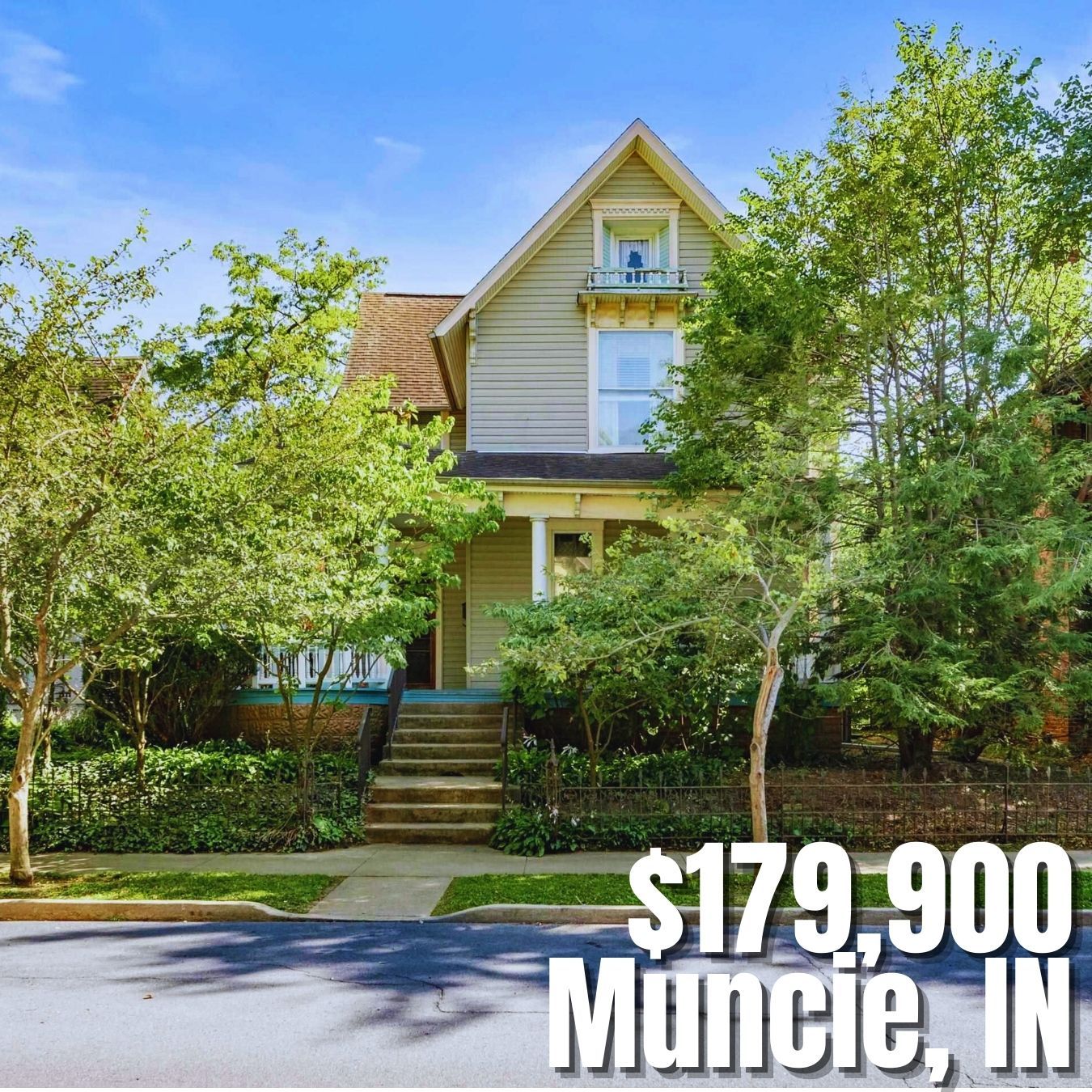 Charming two-story house with a light exterior, porch, and greenery; priced at $179,900, evoking feelings of comfort and opportunity.