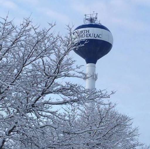 Snow-covered trees surround a blue and white water tower, evoking tranquility and serenity in a winter landscape.