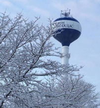 Snow-covered trees surround a blue and white water tower, evoking tranquility and serenity in a winter landscape.