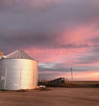 Silos under a pastel sunset sky evoke tranquility, nostalgia, and a sense of openness in a peaceful agricultural setting.