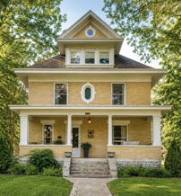 Classic yellow two-story house with a front porch, surrounded by greenery, evoking warmth, nostalgia, and tranquility.