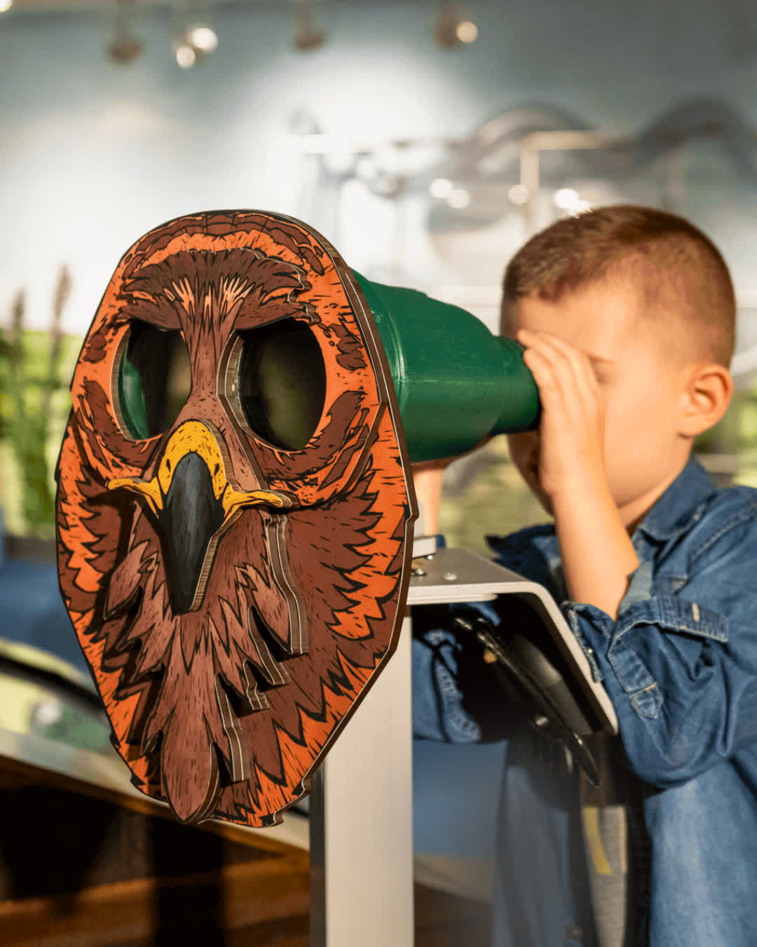 A young boy looks through a whimsical owl-shaped binocular viewer, showcasing curiosity and excitement in a playful setting.