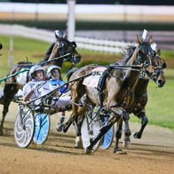 Night-time harness racing event with horses in full stride, riders focused, illuminated track, capturing excitement and intensity.
