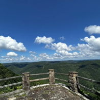 Panoramic view of a lush valley and mountains under a blue sky, evoking serenity and appreciation for nature's beauty.