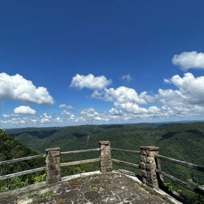 Panoramic view of a lush valley and mountains under a blue sky, evoking serenity and appreciation for nature's beauty.