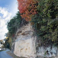 Scenic cliffside landscape with autumn colors, dynamic clouds, a tranquil pathway, and serene water, evoking peace and beauty.