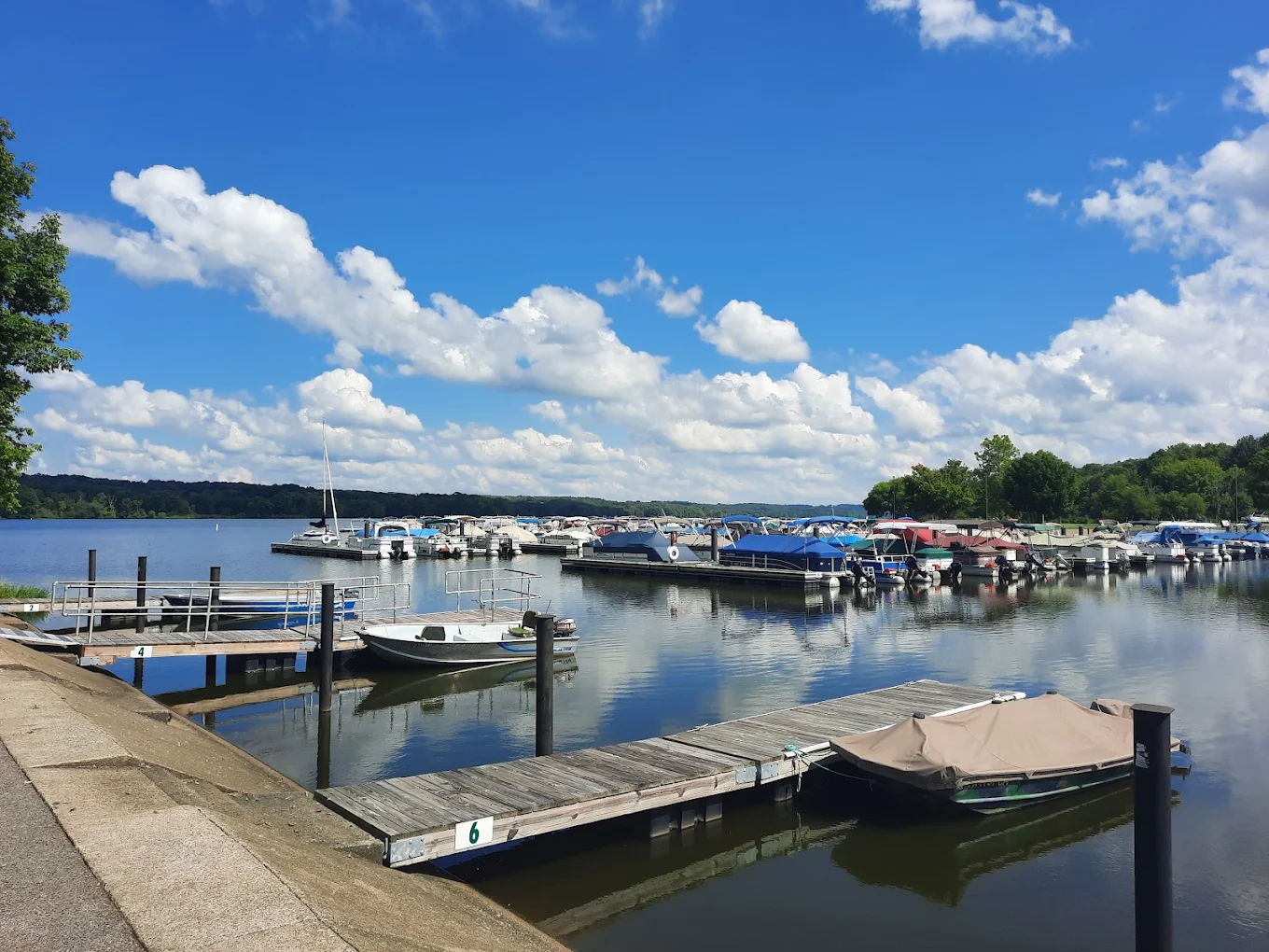 A serene marina scene with docked boats, a calm lake, bright blue sky, and fluffy clouds, evoking peace and relaxation.