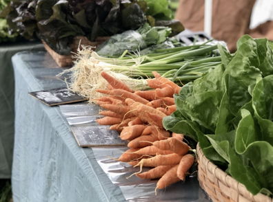 Vibrant farmer's market display with fresh vegetables, including orange carrots and greens, evoking health and community.