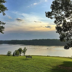 A tranquil waterfront scene with a calm lake, trees, grassy areas, and a bench, evoking peace and relaxation.