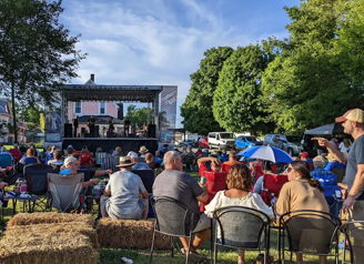 A lively outdoor event with a crowd enjoying a performance under umbrellas in a green, festive atmosphere.
