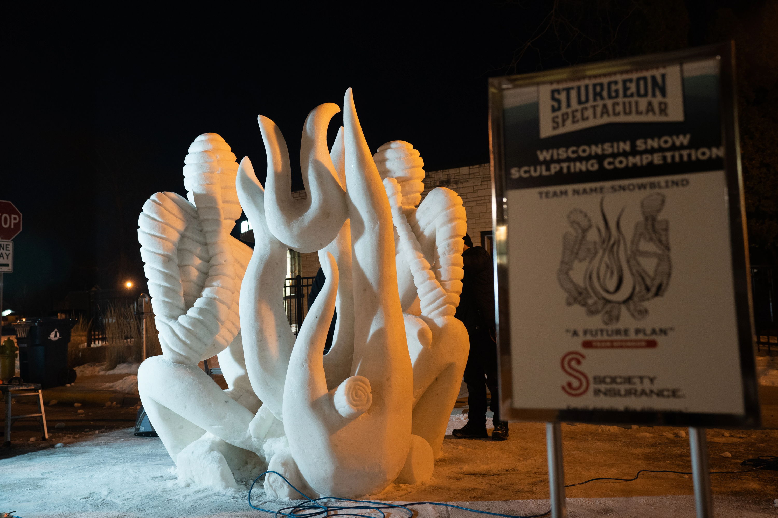 Snow sculpture illuminated at night for "Sturgeon Spectacular," evoking wonder, joy, and a serene winter atmosphere.