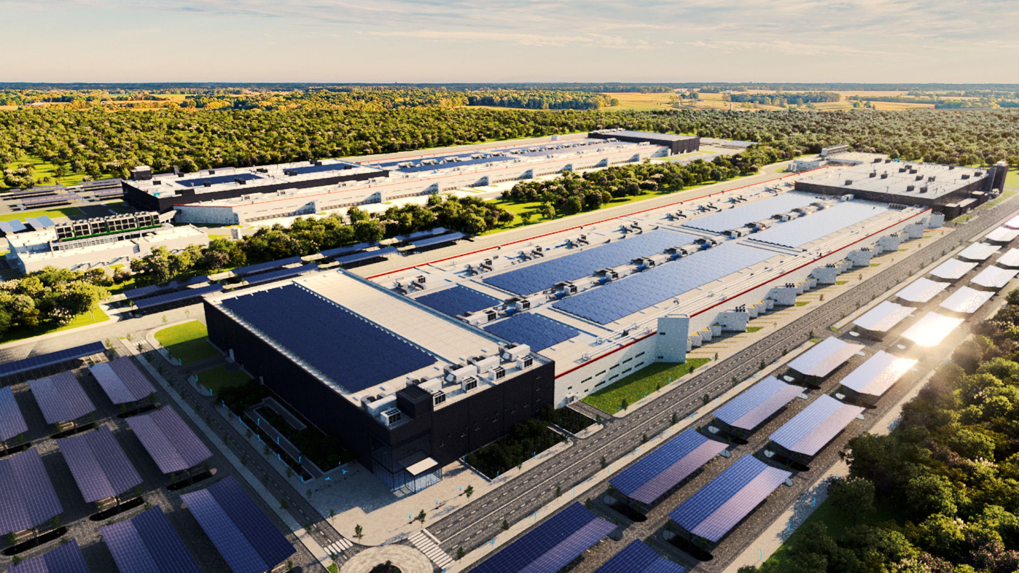 Industrial facility with solar panels, organized layout, and greenery, symbolizing progress, efficiency, and harmony with nature.