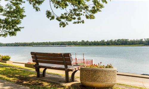 Tranquil riverside scene with a wooden bench, colorful flower pot, and serene water, inviting peaceful reflection in nature.