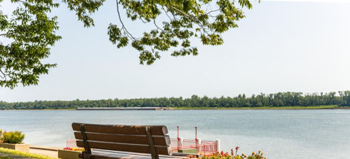 Tranquil riverside scene with a wooden bench, colorful flower pot, and serene water, inviting peaceful reflection in nature.