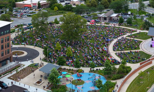 Large outdoor gathering in a park with people seated on grass, creating a joyful and community-focused atmosphere.