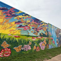 Vibrant mural of butterflies and flowers in a bright landscape, evoking joy, freedom, and a connection to nature.