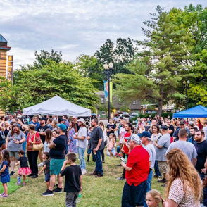 A lively outdoor community event with families and children enjoying food, booths, and a festive atmosphere in a park.