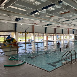 Indoor pool scene with people playing, colorful inflatables, bright lighting, evoking joy, fun, and community spirit.