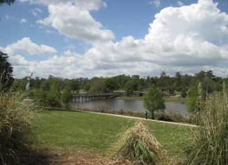 A serene park scene with a tranquil pond, lush greenery, a wooden bridge, and fluffy clouds, evoking peace and relaxation.