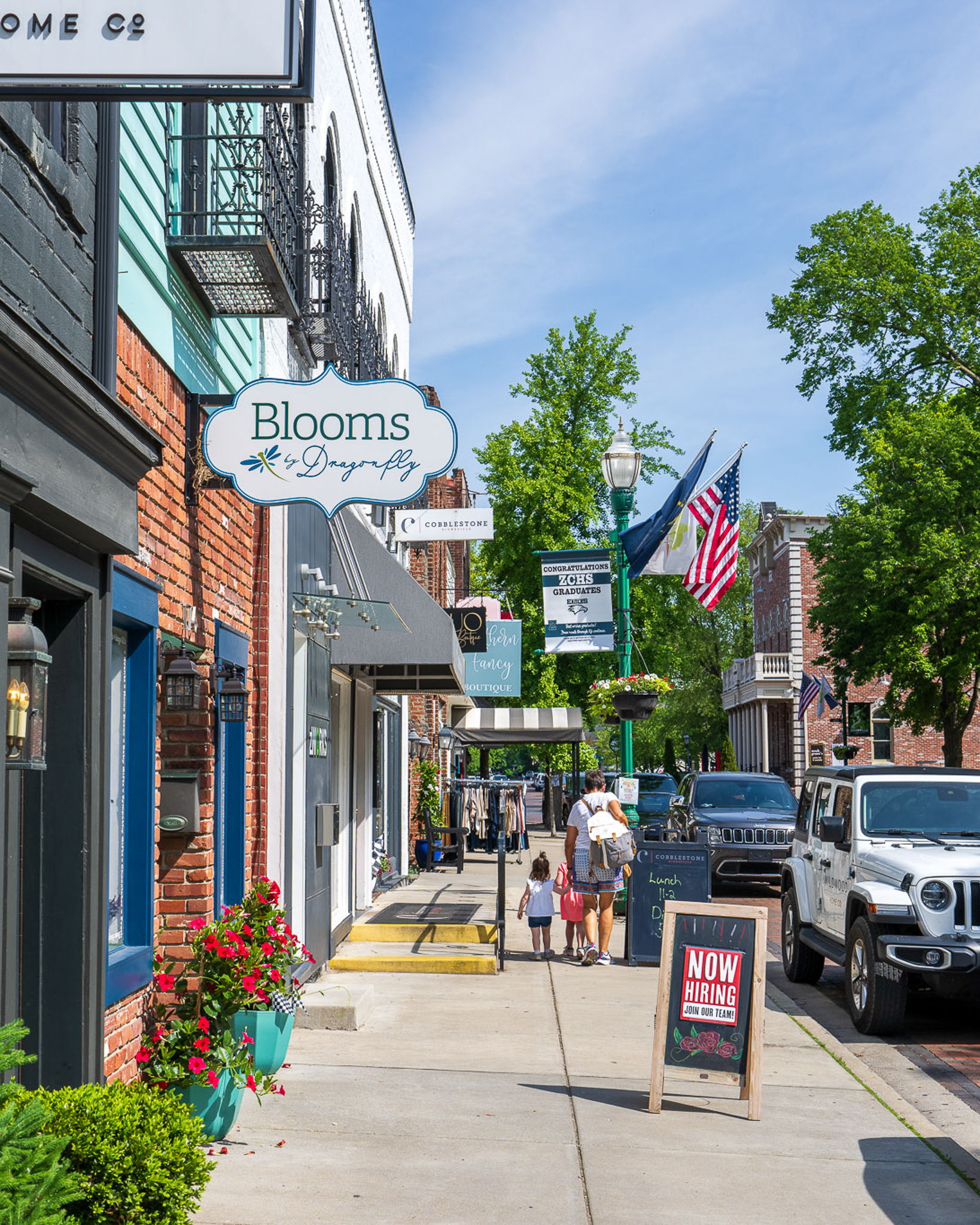 Charming street scene with shops, greenery, American flags, and people enjoying a sunny day, evoking warmth and community.