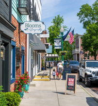 Charming street scene with shops, greenery, American flags, and people enjoying a sunny day, evoking warmth and community.