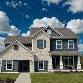 A stylish modern home with stone and siding, large windows, and a welcoming porch, set against a bright sky and neat lawn.