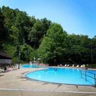 Serene pool area surrounded by greenery; vibrant blue water, lounge chairs, and people relaxing, evoking relaxation and leisure.