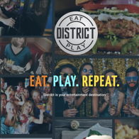 Vibrant collage of social gatherings and diverse foods, highlighting joy, togetherness, and fun at "EAT DISTRICT PLAY."