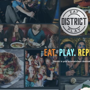 Vibrant collage of social gatherings and diverse foods, highlighting joy, togetherness, and fun at "EAT DISTRICT PLAY."
