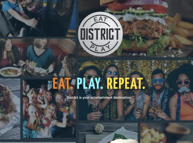Vibrant collage of social gatherings and diverse foods, highlighting joy, togetherness, and fun at "EAT DISTRICT PLAY."