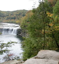 A tranquil landscape with a waterfall, lush greenery, and autumn foliage, promoting calmness and appreciation for nature.