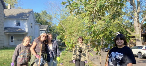 Five people joyfully plant a young tree together, embodying community spirit and hope for the environment on a sunny day.