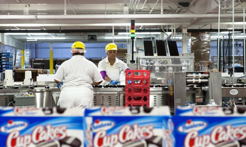 Workers in a food production facility assemble cupcakes in a clean, organized space, highlighting teamwork and productivity.
