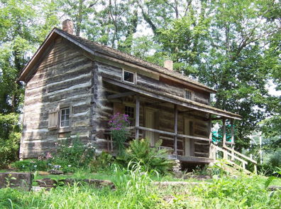 A rustic log cabin in a lush green landscape, surrounded by vibrant vegetation, evokes nostalgia and tranquility.